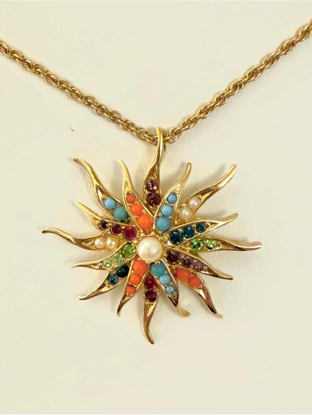 La Scala Gold Tone Sunburst Pendant Necklace Multicolor Rhinestones Faux Pearl